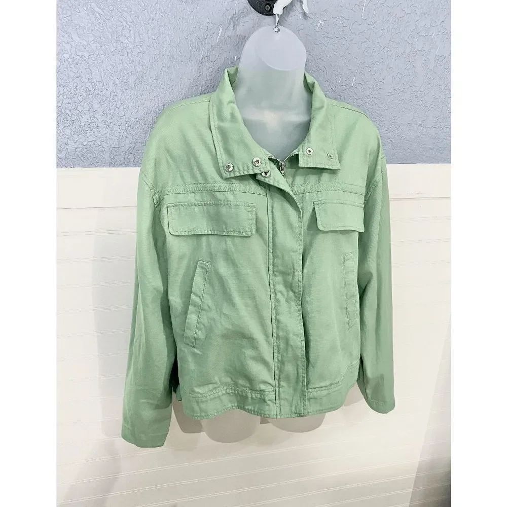 Treasure & Bond Women’s Stand Collar Cotton Twill Jacket Green Basil
